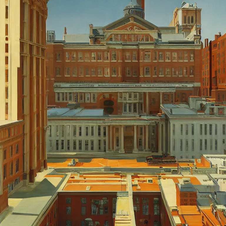 Prompt: George Peabody Library, Baltimore, painted by Edward Hopper, painted by James Gilleard, airbrush