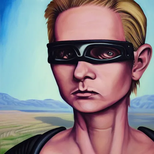 Image similar to painting of square - jawed emotionless serious blonde woman starship engineer, tribal tattoos, handsome, short slicked - back hair, sweating, uncomfortable and anxious, looking distracted and awkward, wearing victorian dark goggles, white tank top, cargo pants, and gloves, small spacecraft in background, highly detailed, mike mignogna, trending on artstation