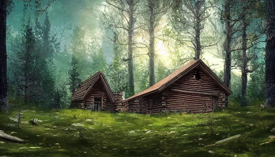 Prompt: a clearing in a forest with a cabin, digital art, highly detailed, realistic, bright colors, 8 k