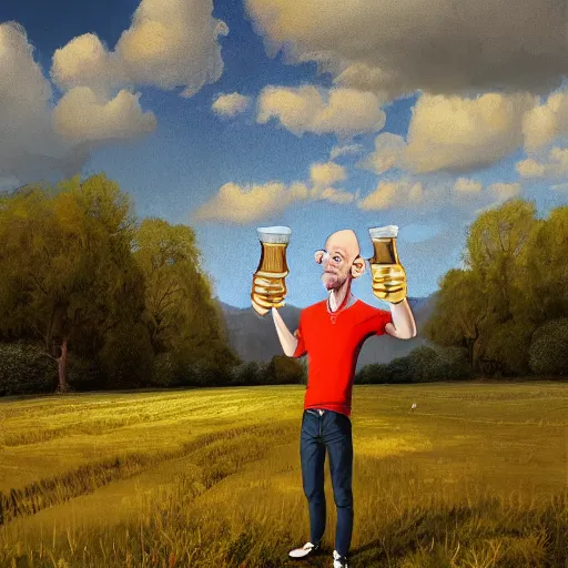 Image similar to a Scottish man holding a pint of beer in the middle of an empty field, In the back ground of the frame is a beautiful landscape., physically accurate, dynamic lighting, intricate, elegant, highly detailed, digital painting in the style of very very artist illustrator ralph steadman, sharp focus, illustration