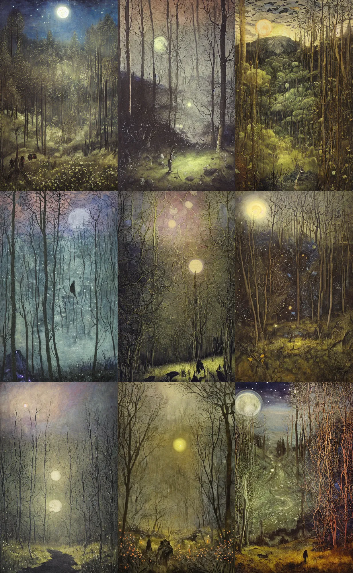 Prompt: painterly dreamy dark midnight hill in the forest with trees, flowers, birds, glowing owls, deers, barely seen women, lianas, thistles, fantasy creatures, a stream and sky with moon and stars by Mikhail Vrubel, Alexei Savrasov, Aron Wiesenfeld, dark fantasy, witcher, very detailed oil painting in the alla prima style, masterpiece, 8k