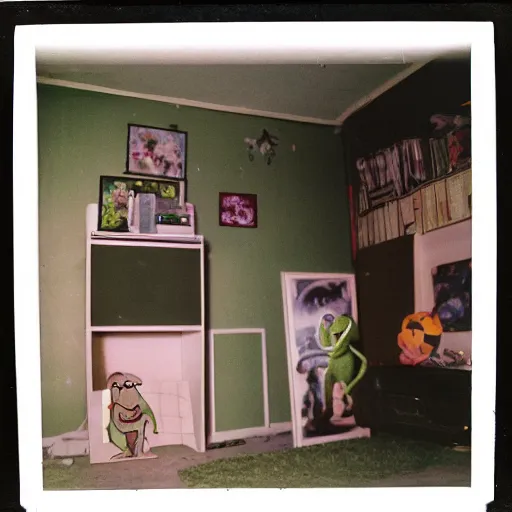 Image similar to Polaroid of a child's bedroom with kermit the frog in the corner 1988, liminal space