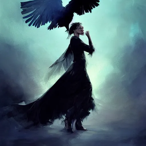 Image similar to morning, a woman in a black dress with a raven head. sun, cinematic, clouds, vogue cover style, contracting colors mood, realistic painting, intricate oil painting, high detail, figurative art, multiple exposure, poster art, 3 d, by simon bisley, ismail inceoglu, wadim kashin, filip hodas.