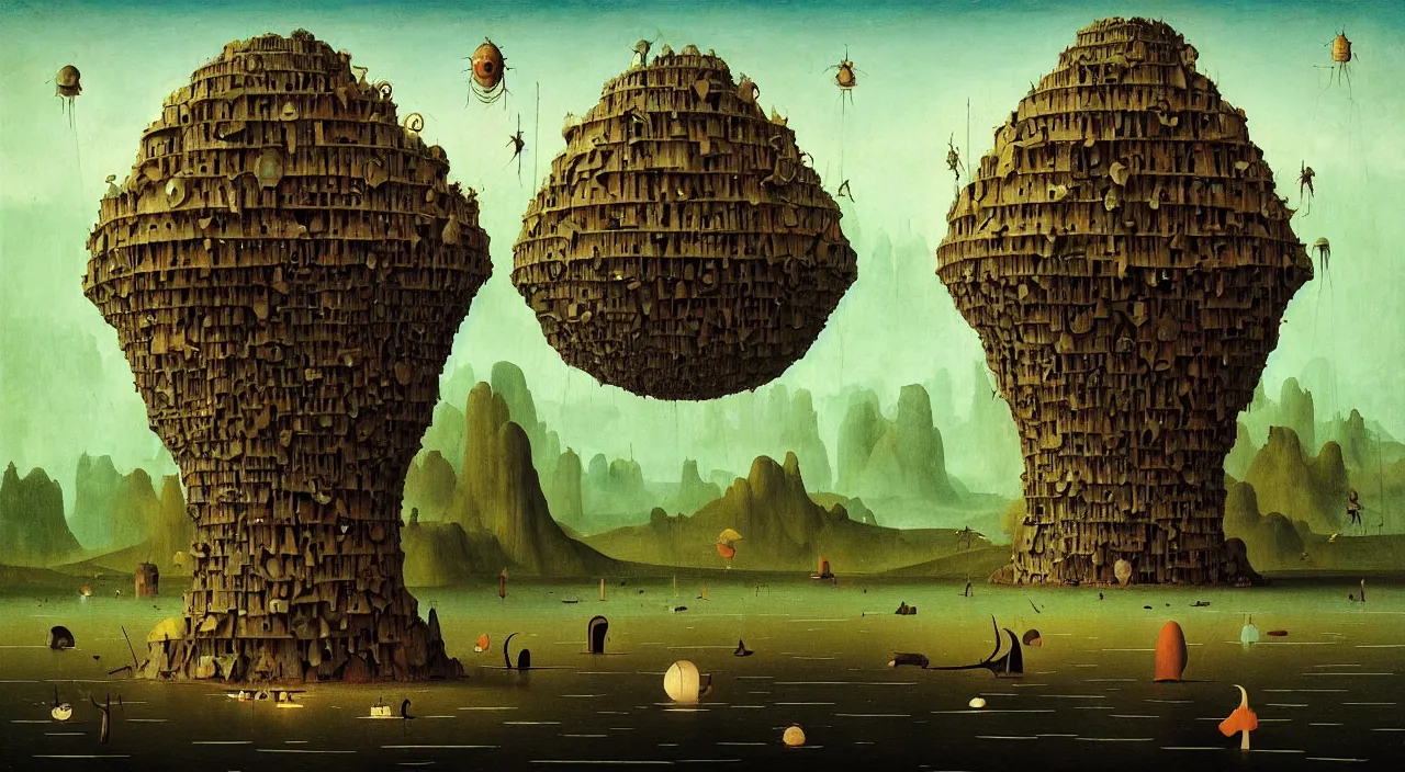 Image similar to single flooded simple!! rock hive tower anatomy, very coherent and colorful high contrast masterpiece by franz sedlacek hieronymus bosch dean ellis simon stalenhag rene magritte gediminas pranckevicius, dark shadows, sunny day, hard lighting