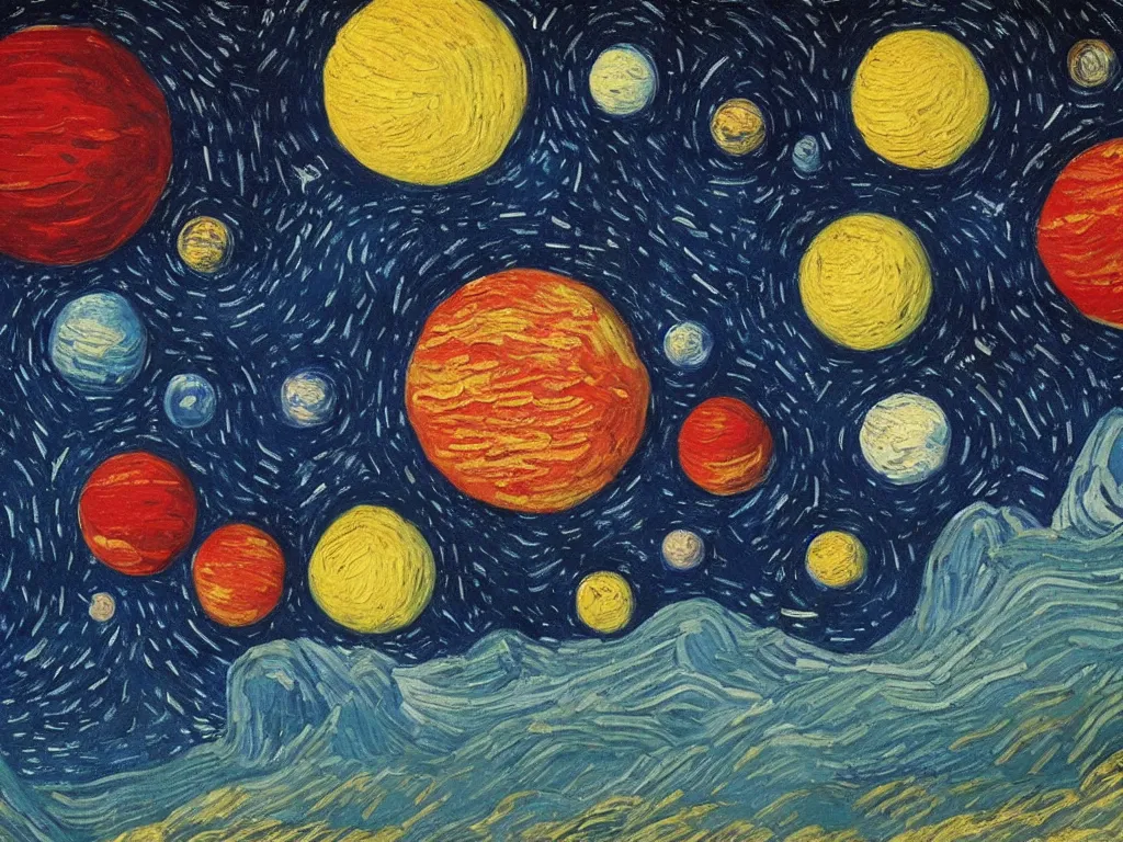 Image similar to A beautiful painting of a five planets by Gioele Muscolino and Van Gogh, There are only five planets that are black, white, yellow, red, and blue, behind the galaxy and the universe, Trending on artstation, starry sky