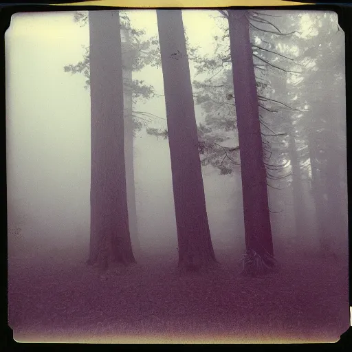 Image similar to impossibly large tree in a forest clearing reaching into the fog, night, old polaroid, expired film, megalophobia,