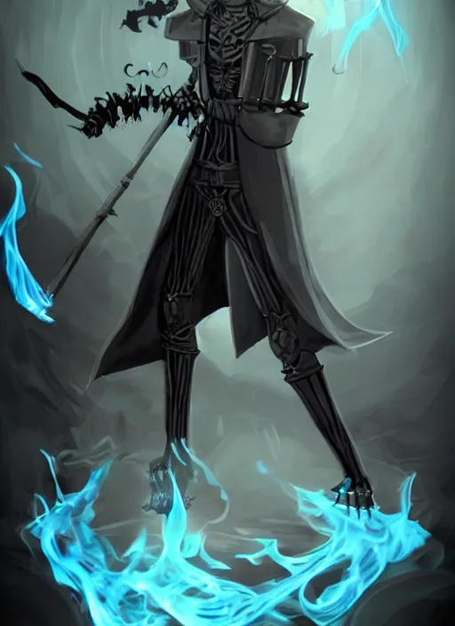 Image similar to DND character concept, skeletal male figure, wearing a deep black suit!!! and tie and top hat, holding a gold! cane!. Surrounded by light blue!!! flames!!