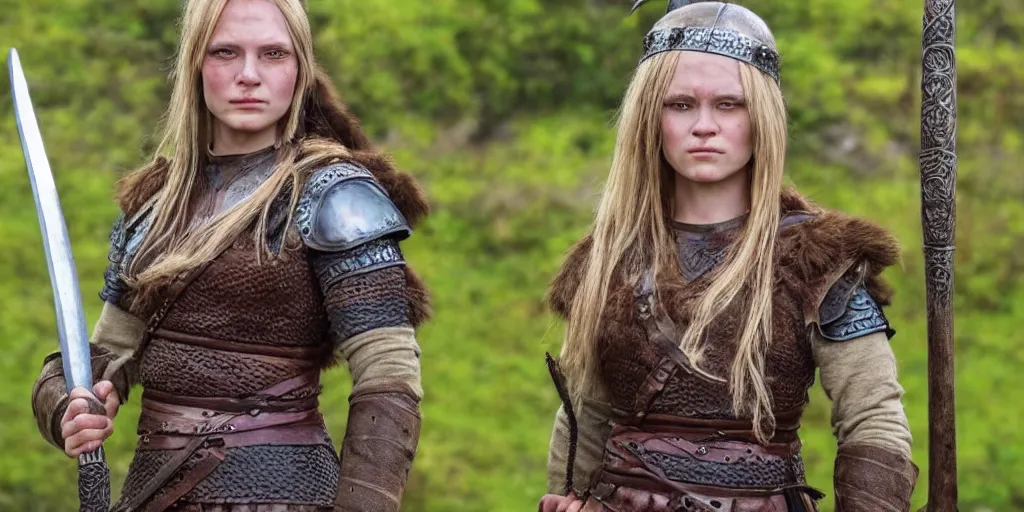 Image similar to a beautiful viking female warrior, realistic, highly detailed.