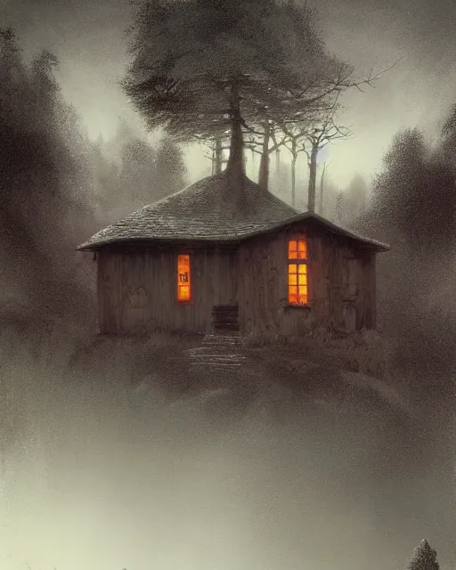 Image similar to a highly detailed epic cinematic concept art CG render digital painting artwork: Lone house in the woods at night. By Greg Rutkowski, in the style of Francis Bacon and Syd Mead and Norman Rockwell and Beksinski, open ceiling, highly detailed, painted by Francis Bacon and Edward Hopper, painted by James Gilleard, surrealism, airbrush, Ilya Kuvshinov, WLOP, Stanley Artgerm, very coherent, triadic color scheme, art by Takato Yamamoto and James Jean