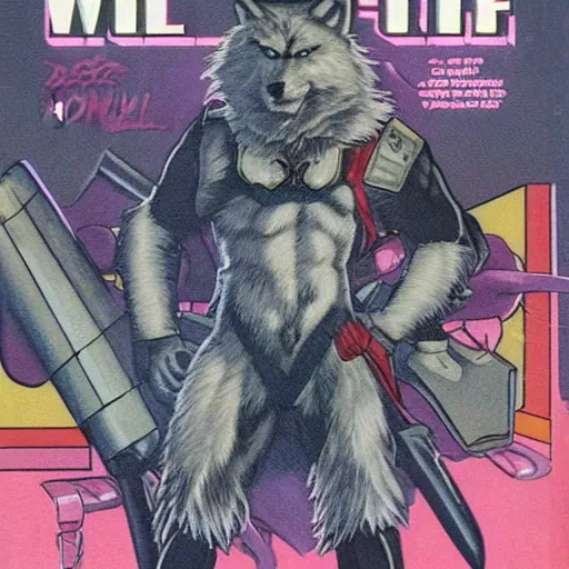 Image similar to 1 9 8 0 s comic book cover scan featuring a portrait of villain male wolf o'donnell anthropomorphic wolf furry fursona from starfox wearing a dark space mercenary uniform, dark grey wolf, handsome eyes, wolf o'donnell