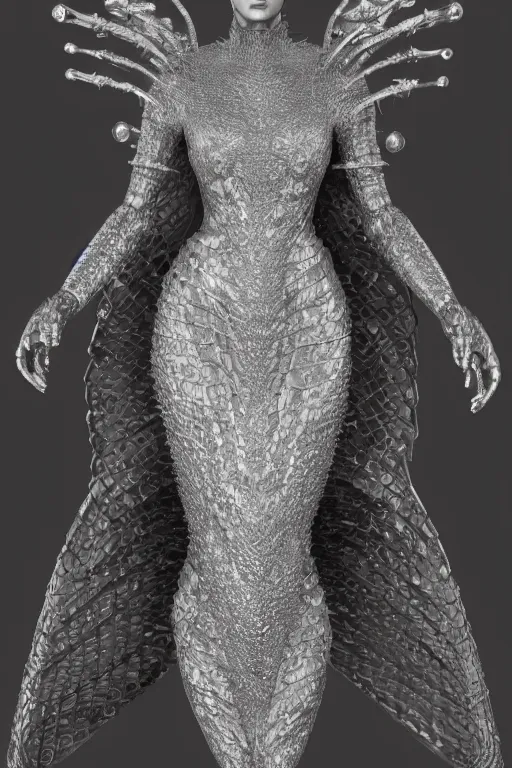 Prompt: a highly detailed medium shot 8 k render of an alien goddess jennifer connelly in iris van herpen dress schiaparelli armor in diamonds and lots of jewelry in style of alphonse mucha trending on artstation made in unreal engine 4