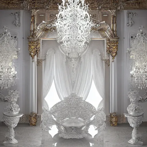 Prompt: Gothic baroque white room furnished with baroque furniture made of white porcelain and white veils, an intricate chandelier of blown branches forming a cloud, and shattering white porcelain objects, a trap door in the floor is the passage to another dimension, beautiful white ghosts with long robes and intricate white jewels float in the room. trending on artstation