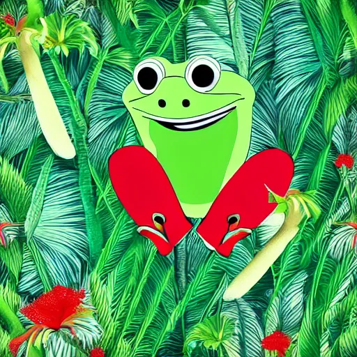 Image similar to green frog dressed in red sneakers, tropical forest, photorealistic