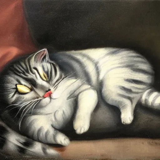 Prompt: bicolor gray and white Scottish Fold English Shorthair mix. napping cat on comforter. cozy scene. oil painting by el greco.