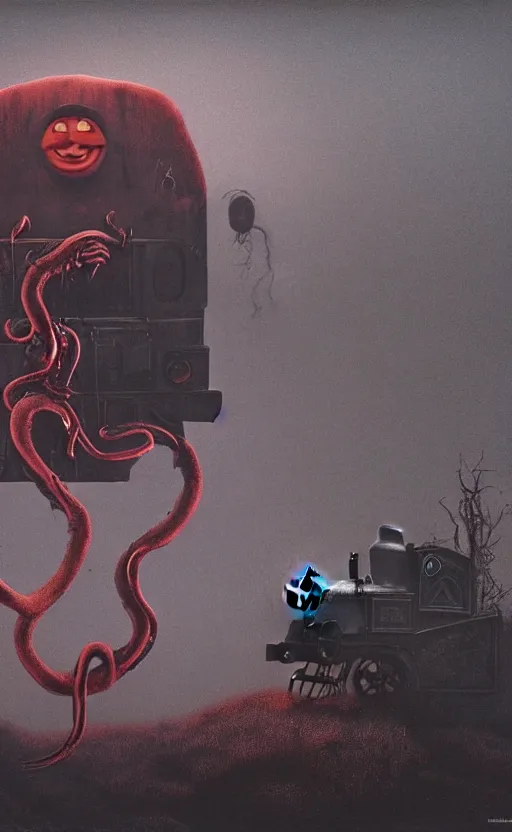 Image similar to thomas the tank engine in style of zdzisław beksinski, extremely dramatic lighting, 8 k, tendrils, black, darkness, black slime tendrils, infected, rust, body horror, thomas the train, thomas the tank engine face, horror,