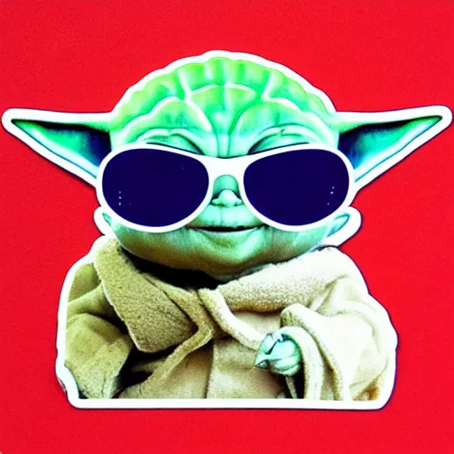 Prompt: Sticker of baby yoda with white acne studios mustang sunglasses on, page scan, sticker