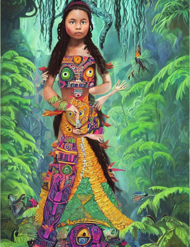 Prompt: plump aztec scifi princess of the lichen rainforest, wearing a lovely dress. this oil painting by the award - winning children's book author has an interesting color scheme, plenty of details and impeccable lighting.