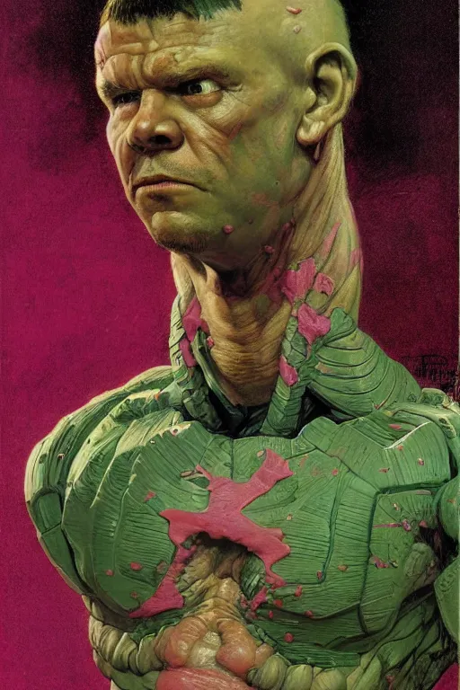 Image similar to head and torso portrait of jocko willink as huge superhero mutant warrior, dynamic action, pink and green, by lawrence alma tadema and zdzislaw beksinski and norman rockwell and tom lovell and greg staples and john william waterhouse