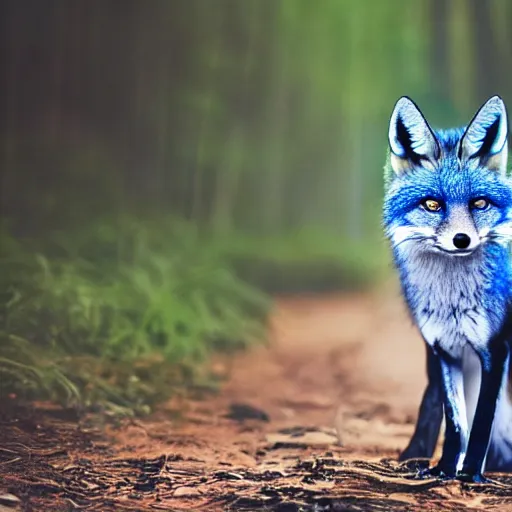 Image similar to A blue Fox in a lush forest, 8k, hyper realistic, high detail nature photography, beautiful lighting