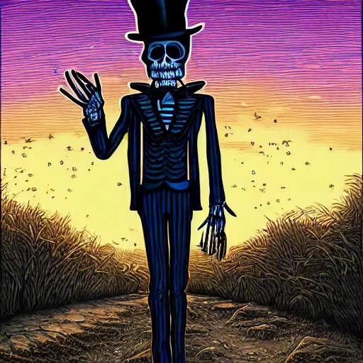 Prompt: artwork of skeleton wearing a suit and top hat at sunset by Dan Mumford. cinematic, hyper realism, high detail
