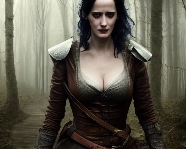 Image similar to 5 5 mm portrait photo of a real life tough looking eva green as ciri in brown leather armor with silver hair and a large scar along her left cheek, in a magical forest. dark atmosphere. art by greg rutkowski. highly detailed 8 k. intricate. lifelike. soft light. nikon d 8 5 0.