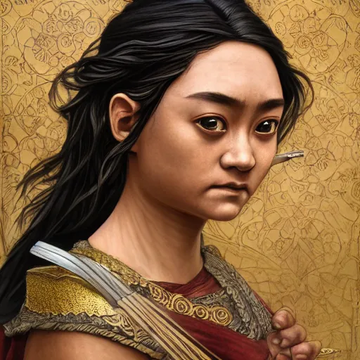 Image similar to ancient javanese arya stark, highly detailed, digital painting, artstation, concept art, smooth, sharp focus, illustration, ArtStation, art by artgerm and greg rutkowski and alphonse mucha and J. C. Leyendecker and Edmund Blair Leighton and Katsuhiro Otomo and Geof Darrow and Phil hale and Ashley wood and Ilya repin and Charlie Bowater