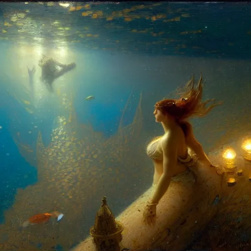 Image similar to point of view of deep in the ocean looking up, you see fishes, higher the milk way, night time, midnight. highly detailed painting by gaston bussiere, greg rutkowski 8 k