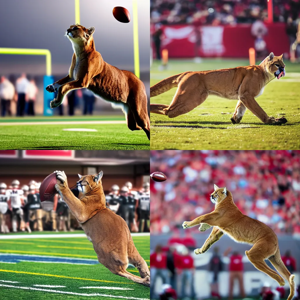 Prompt: cougar in mid-air catching a football during a college football game, 8k, hyper realistic, golden hour, high depth of field