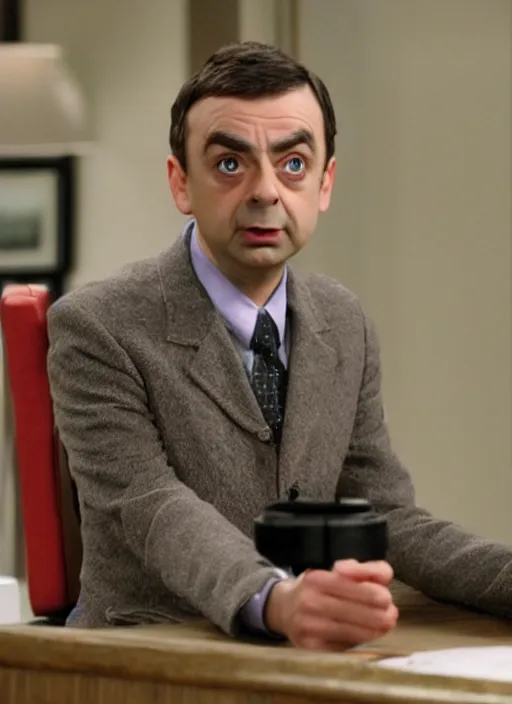 Image similar to film still of Rowan Atkinson as Sheldon Cooper in The Big Bang Theory, 4k