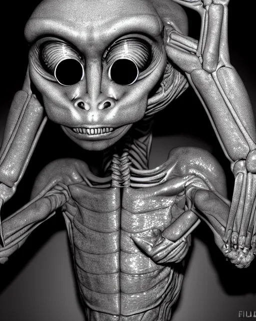 Prompt: photos of a humanoid gray alien with large black eyes and reptilian facial features inside area 51, secret service photos, taken on Fujifilm X-S10,