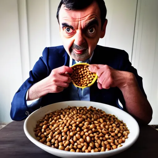 Prompt: mr bean eating a bowl of beans