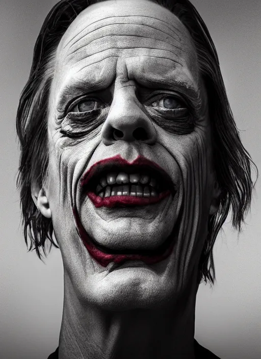 Image similar to photo of Steve Buscemi as the Joker by Eolo Perfido and Lee Jeffries, big smile, head shot, detailed, award winning, Sony a7R