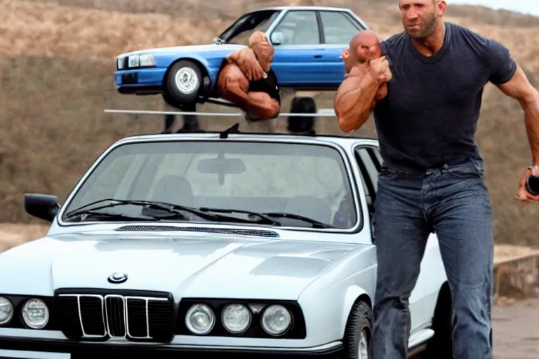 Image similar to Angry Jason Statham lifts BMW e30 in his arms,