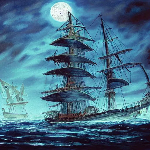 Prompt: an ancient sailing ship off the shore of a beautiful coastline with an omenous biopunk tower with glowing lights rising in the distance, a big scary tower with evil lights coming from it, painting by John Berkley