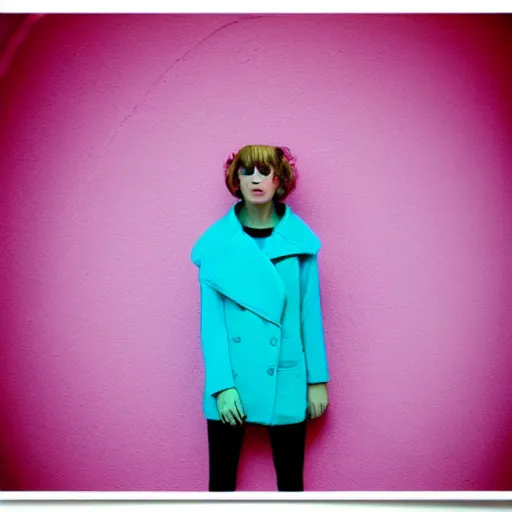 Prompt: photo of a woman. cyan and pink. moody and melanchonic.