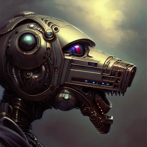 Image similar to low angle portrait shot of a cyberpunk dog robot, intricate, elegant, highly detailed, centered, digital painting, artstation, concept art, smooth, sharp focus, illustration, artgerm, Tomasz Alen Kopera, Peter Mohrbacher, donato giancola, Joseph Christian Leyendecker, WLOP, Boris Vallejo