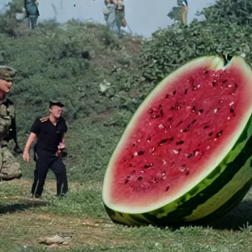 Prompt: The military was called in to try to stop the giant watermelon, but their weapons had no effect on it. The watermelon just kept coming, smashing everything in its path. , Film scene