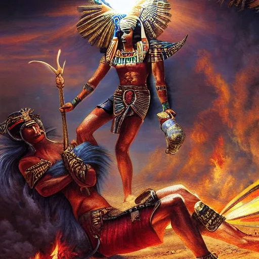 Image similar to epic disasterpiece excruciating death of Egyptian sun god Ken Kelly, photorealistic, cinematic, fantastic reality, detailed, intricate dramatic lighting, establishing shot, 8k resolution – W 1024