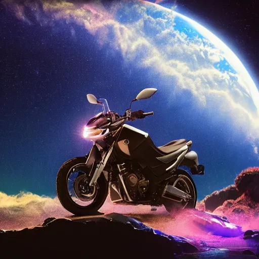 Prompt: high detail photo of a deserted yamaha motorcycle floating in space inside magic colorful glowing sparkling fog, earth in background, starry sky, tranquil, desolate, atmospheric, hazy, autochrome, 8k, reflections, octane render, unreal engine 5