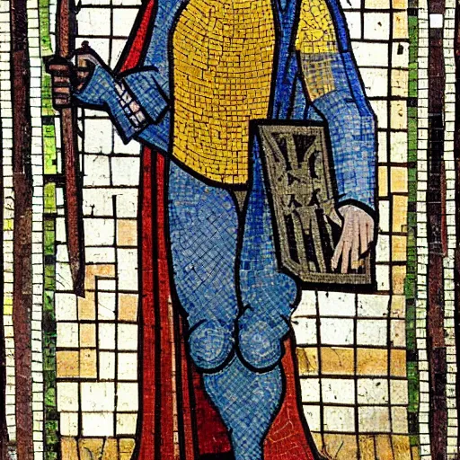 Image similar to medieval mosaic depicting the joker, medieval church art, mosaic of the joker standing in front of gotham, high quality