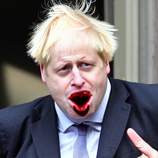 Prompt: boris johnson eating a hotdog mouth wide open, side profile