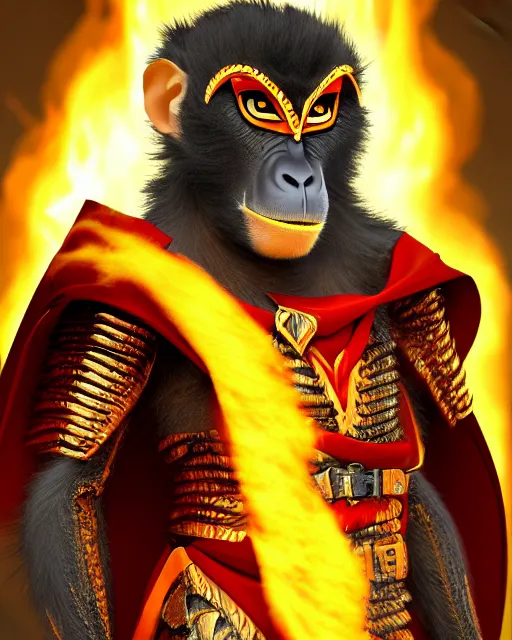 Prompt: fury art, an anthro monkey wearing a large cape and a fantasy armor, fire, fiery background, 3 d, 8 k, extremely detailed, trending on furaffinity, trending on artstation, award winning, sharp focus, illustration