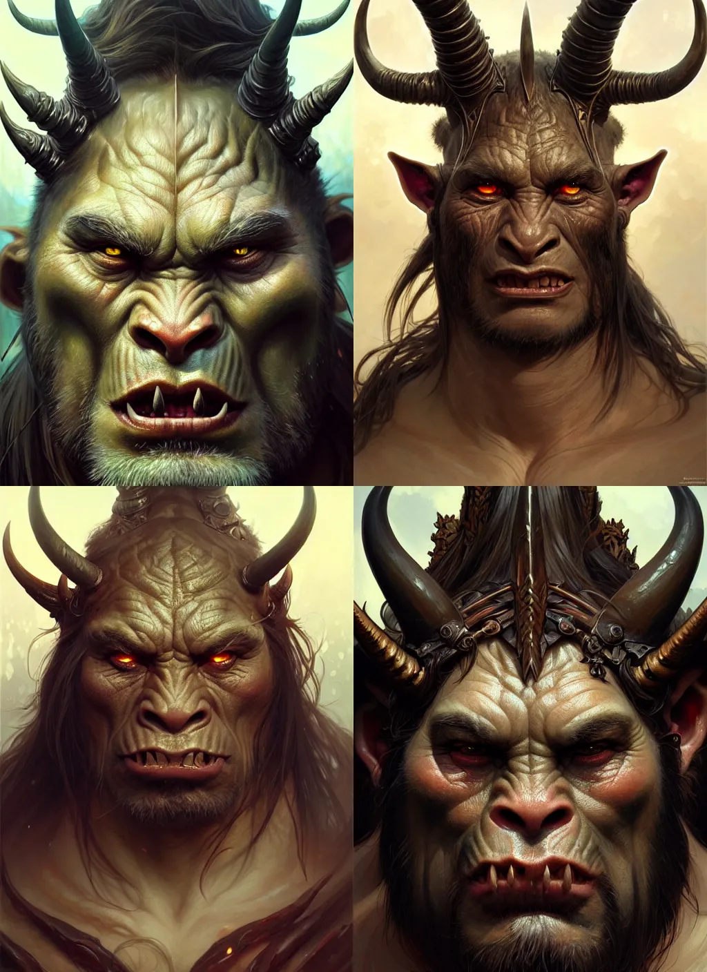Prompt: a beautiful close - up of an orc with horns in head, intricate, sharp focus, illustration, highly detailed, digital painting, concept art, matte, art by wlop and artgerm and greg rutkowski and alphonse mucha, masterpiece