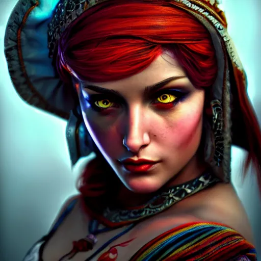 Image similar to the gypsy, perfect eyes, full body shot, portrait, vivid colors, elegant, concept art, sharp focus, digital art, Hyper-realistic, 4K, Unreal Engine, Highly Detailed, HD, Dramatic Lighting by Brom, trending on Artstation