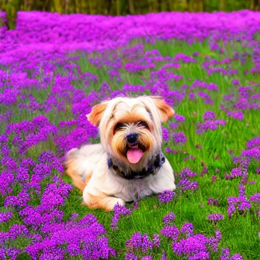 Prompt: dandie dinmont terrier laying on a bed of multi-color flowers and grass in a beautiful forest, golden hour, stunning, Impressionist