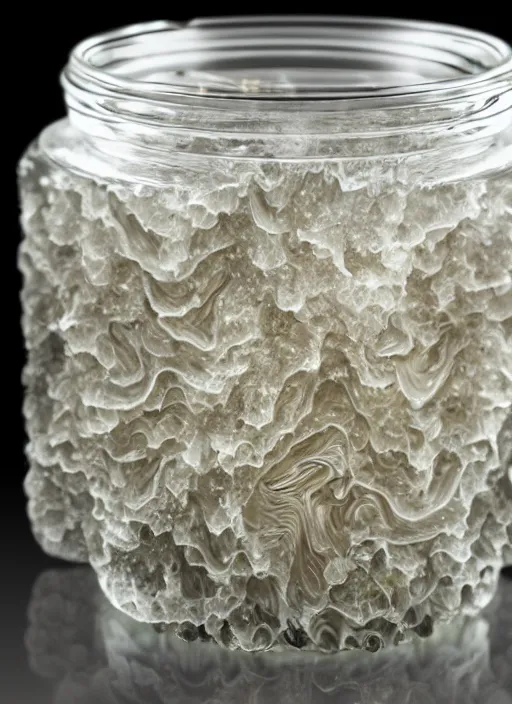 Prompt: high intricate tremella - fuciformis formed waves made of crystals inside a glimmering glass jar, maria panfilova, andrea savchenko, mike kime, ludovic plouffe, qi sheng luo, oliver cook, trending on artstation
