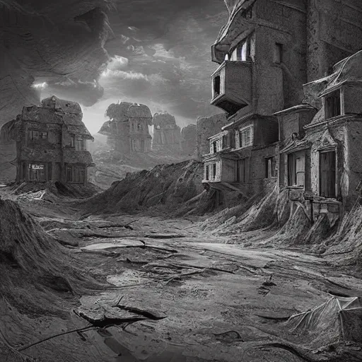 Prompt: michal karcz pencil sketch of an ugly landscape. , horror theme, detailed, elegant, intricate, 4k,