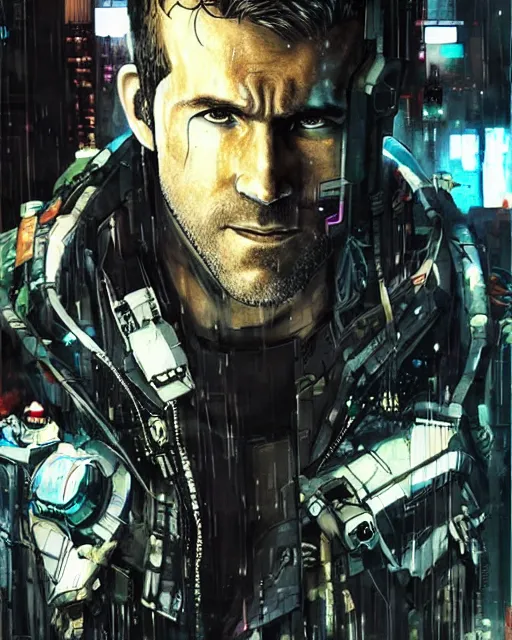 Prompt: epic portrait of cyberpunk ryan reynolds by yoji shinkawa