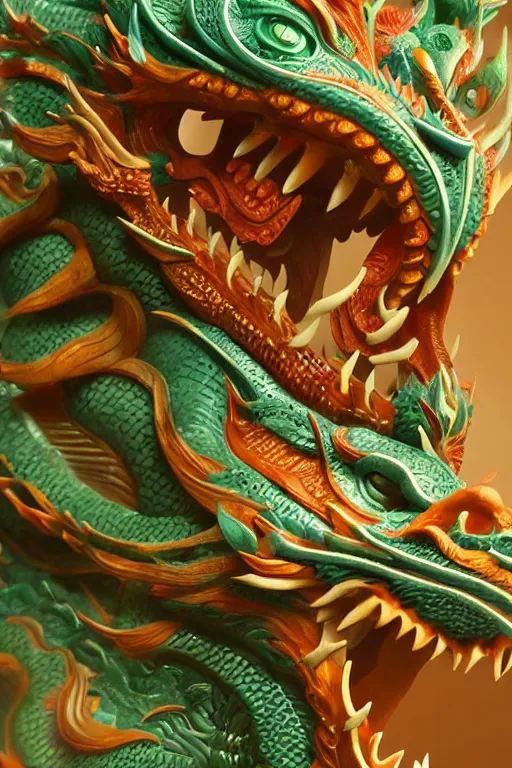Prompt: a chinese dragon carved from jade, dynamic pose, close - up, intricate details, intricate textures, warm lighting, vivid colors, smoke and mist, realistic octane render, hyper realistic render, volumetric shading, depth of field, raytracing, 8 k,