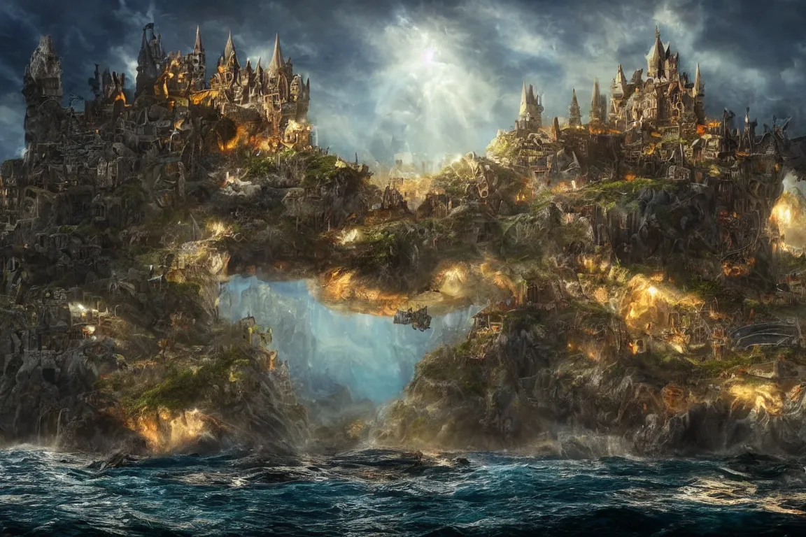 Image similar to an epic fantastic realism painting of a castle city being devoured by the ocean's beasts, 8 k, ultra realistic, lens flare, atmosphere, glow, detailed, intricate, full of colour, cinematic lighting, trending on artstation, 4 k, hyperrealistic, focused, extreme details, unreal engine 5, cinematic, masterpiece